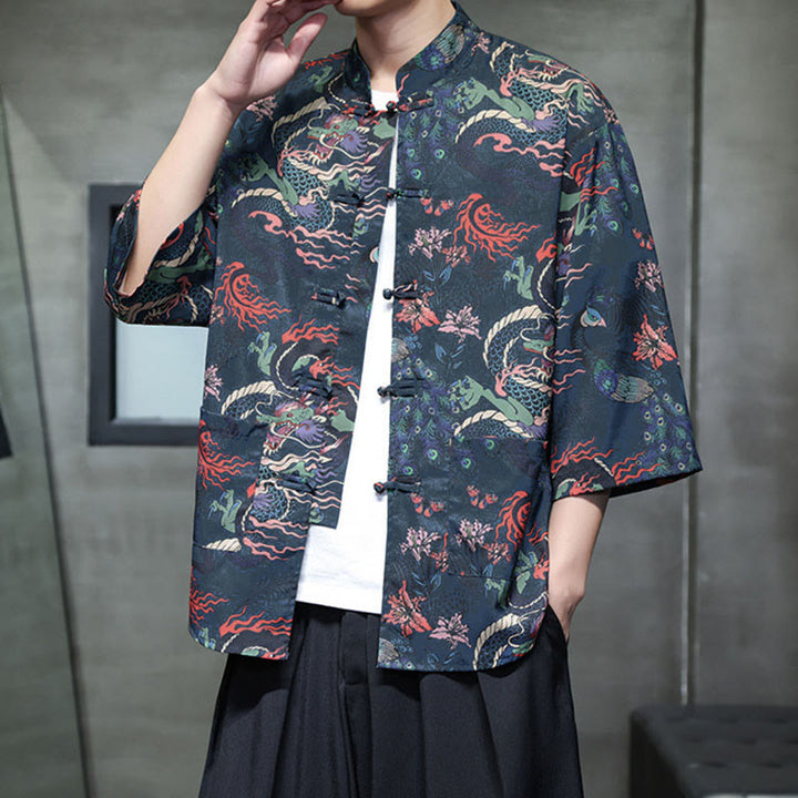 Camisa de hombre Tang Suit con mangas tres cuartos, bolsillos, con estampado de Buddha Stones, primavera, rana, botón, dragón, montaña y flor. - image 20