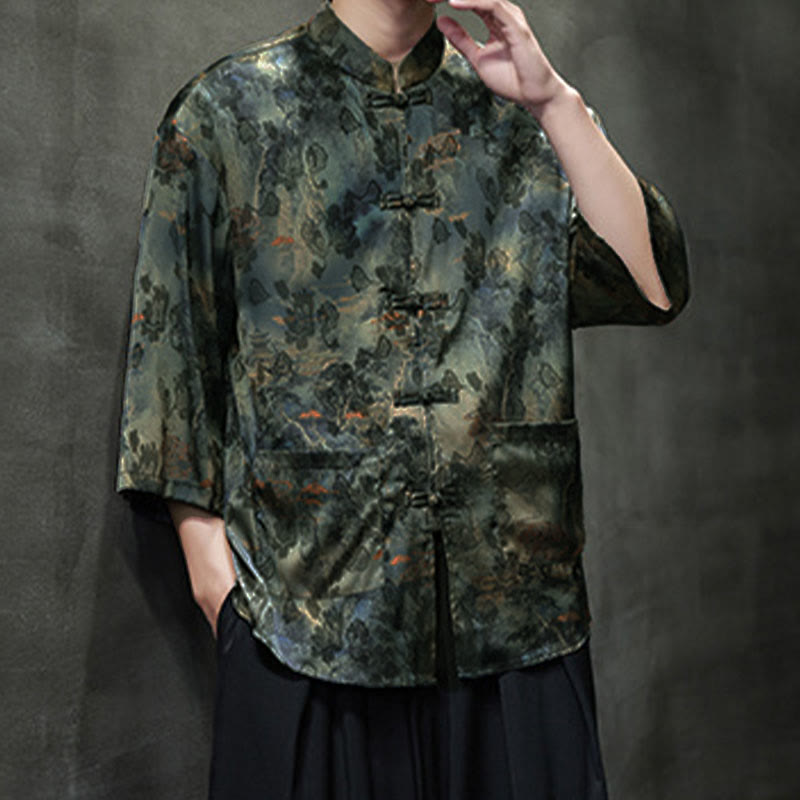 Camisa de hombre Tang Suit con mangas tres cuartos, bolsillos, con estampado de Buddha Stones, primavera, rana, botón, dragón, montaña y flor. - image 55