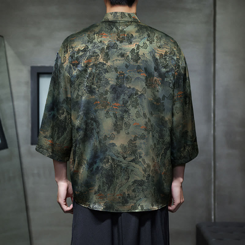 Camisa de hombre Tang Suit con mangas tres cuartos, bolsillos, con estampado de Buddha Stones, primavera, rana, botón, dragón, montaña y flor. - image 52