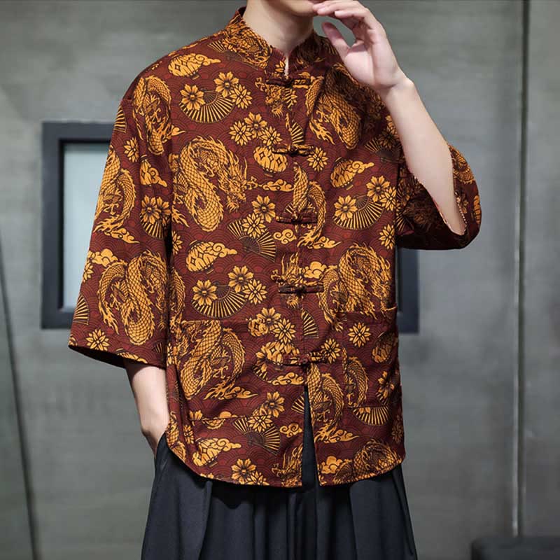 Camisa de hombre Tang Suit con mangas tres cuartos, bolsillos, con estampado de Buddha Stones, primavera, rana, botón, dragón, montaña y flor. - image 1