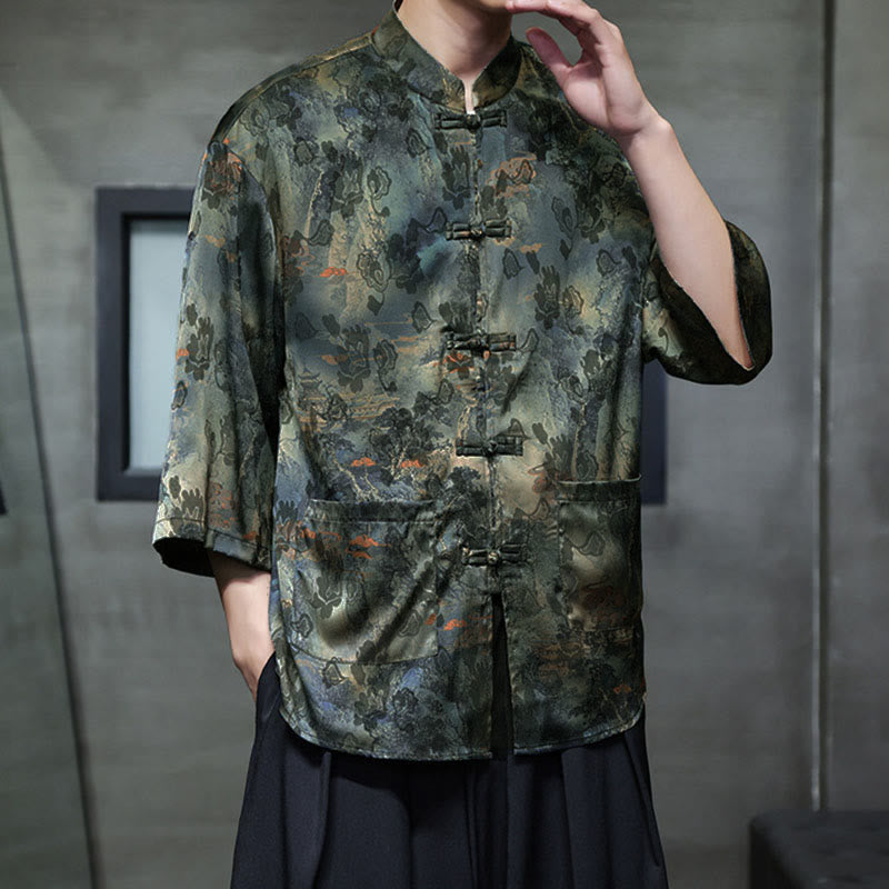 Buddha Stones Camisa de hombre con manga tres cuartos y bolsillos, diseño de rana de primavera, dragón, montaña y flores - image 56