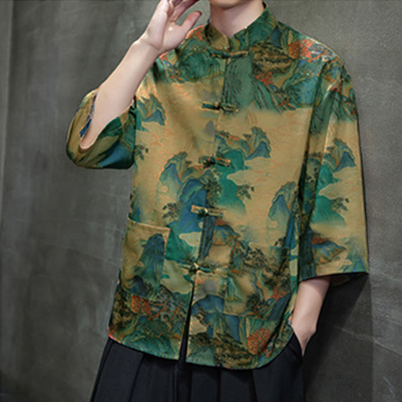 Camisa de hombre Tang Suit con mangas tres cuartos, bolsillos, con estampado de Buddha Stones, primavera, rana, botón, dragón, montaña y flor. - image 42