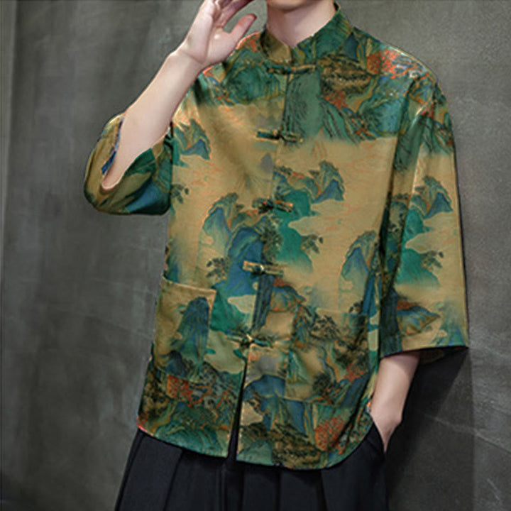Camisa de hombre Tang Suit con mangas tres cuartos, bolsillos, con estampado de Buddha Stones, primavera, rana, botón, dragón, montaña y flor. - image 42