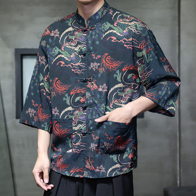 Camisa de hombre Tang Suit con mangas tres cuartos, bolsillos, con estampado de Buddha Stones, primavera, rana, botón, dragón, montaña y flor. - image 25