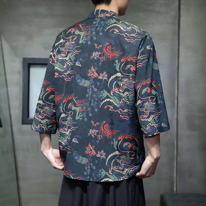 Camisa de hombre Tang Suit con mangas tres cuartos, bolsillos, con estampado de Buddha Stones, primavera, rana, botón, dragón, montaña y flor. - image 23