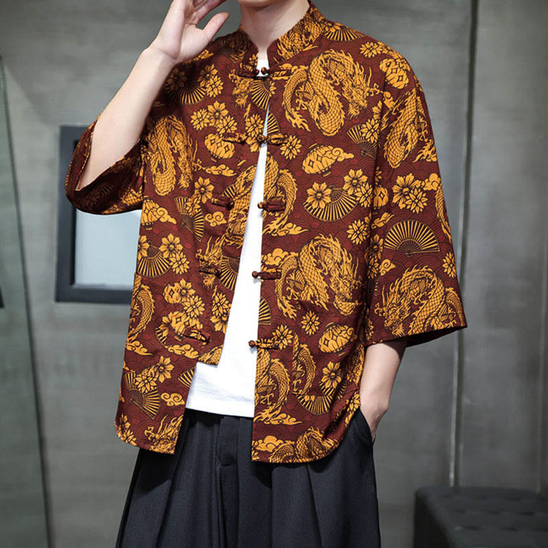 Camisa de hombre Tang Suit con mangas tres cuartos, bolsillos, con estampado de Buddha Stones, primavera, rana, botón, dragón, montaña y flor. - image 3