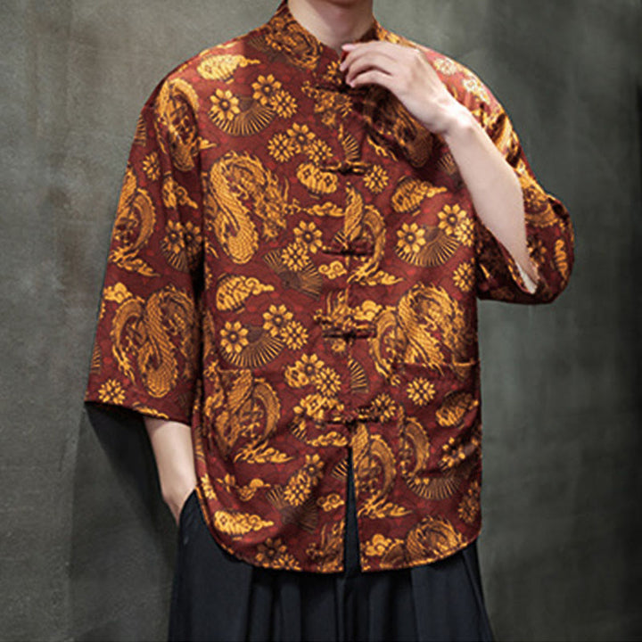 Camisa de hombre Tang Suit con mangas tres cuartos, bolsillos, con estampado de Buddha Stones, primavera, rana, botón, dragón, montaña y flor. - image 6
