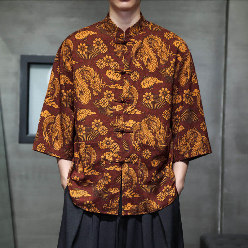 Camisa de hombre Tang Suit con mangas tres cuartos, bolsillos, con estampado de Buddha Stones, primavera, rana, botón, dragón, montaña y flor. - image 5