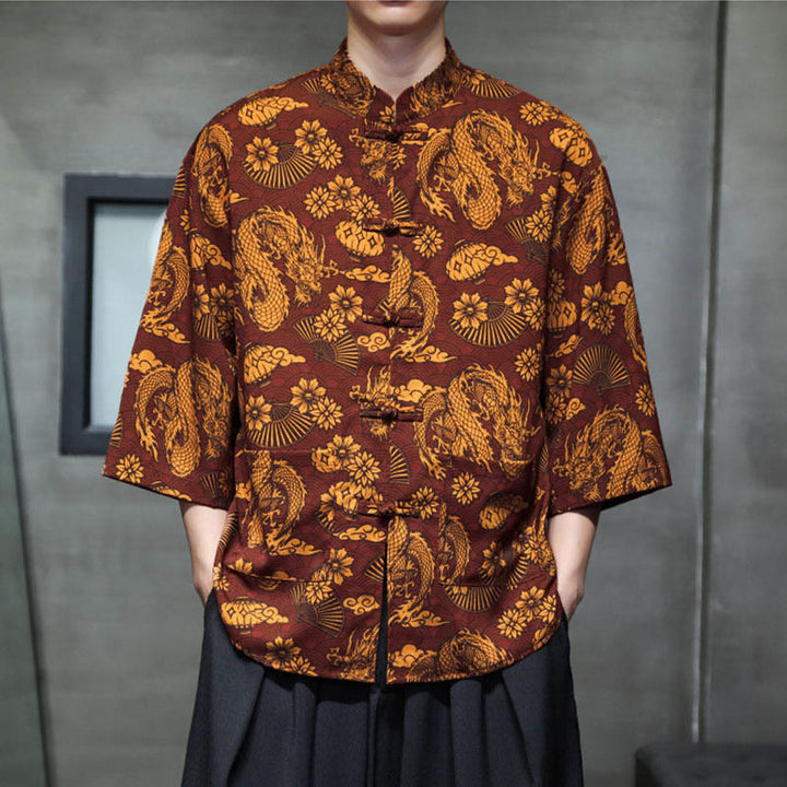 Camisa de hombre Tang Suit con mangas tres cuartos, bolsillos, con estampado de Buddha Stones, primavera, rana, botón, dragón, montaña y flor. - image 5
