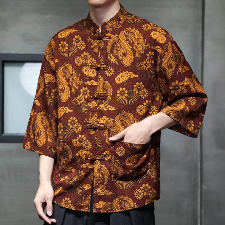 Buddha Stones Camisa de hombre con manga tres cuartos y bolsillos, diseño de rana de primavera, dragón, montaña y flores - image 8