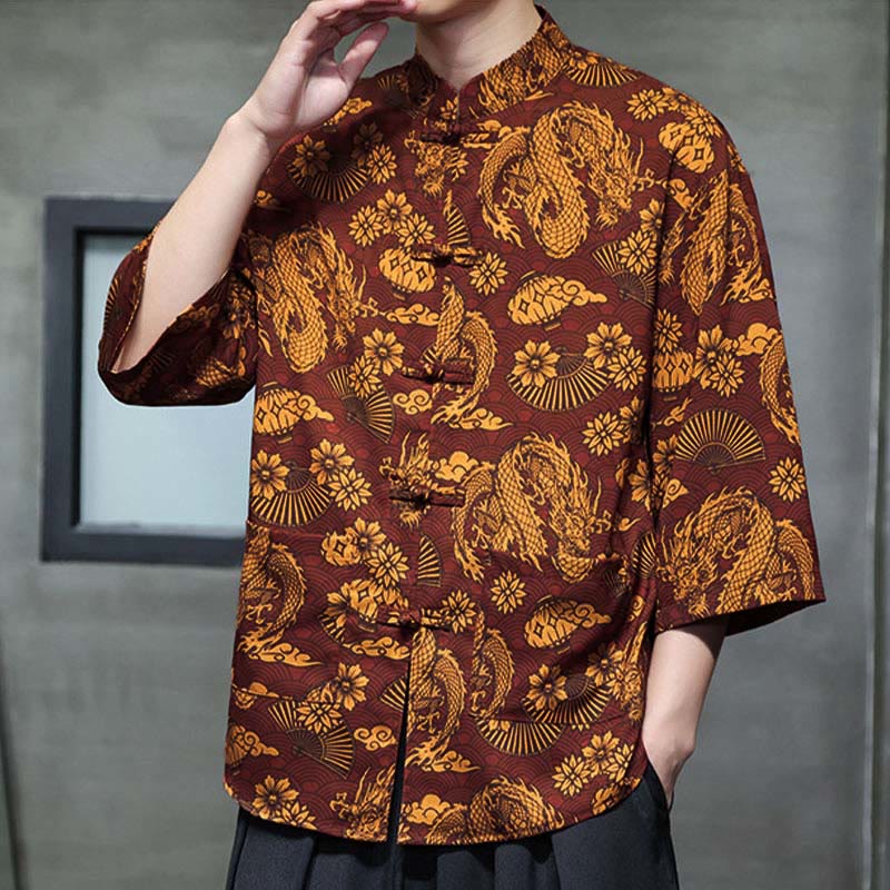 Buddha Stones Camisa de hombre con manga tres cuartos y bolsillos, diseño de rana de primavera, dragón, montaña y flores - image 7
