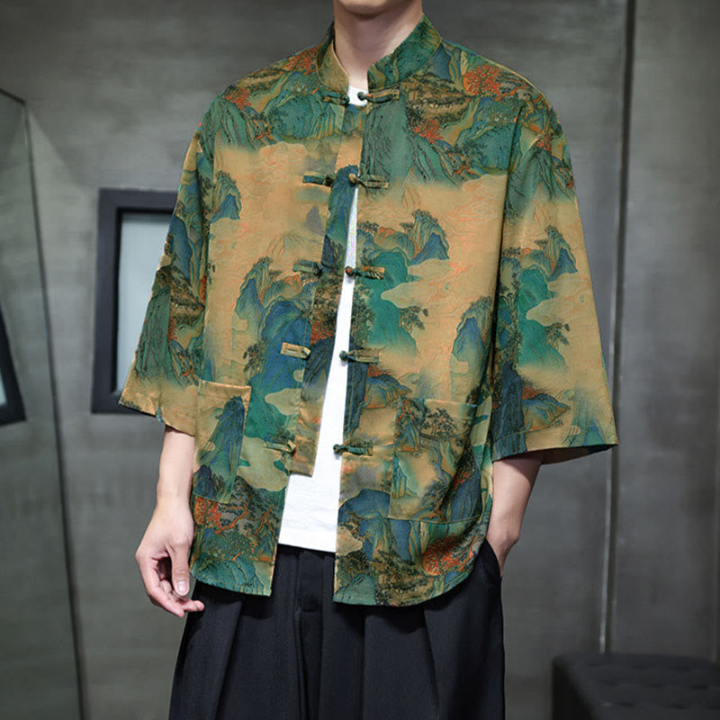 Camisa de hombre Tang Suit con mangas tres cuartos, bolsillos, con estampado de Buddha Stones, primavera, rana, botón, dragón, montaña y flor. - image 41