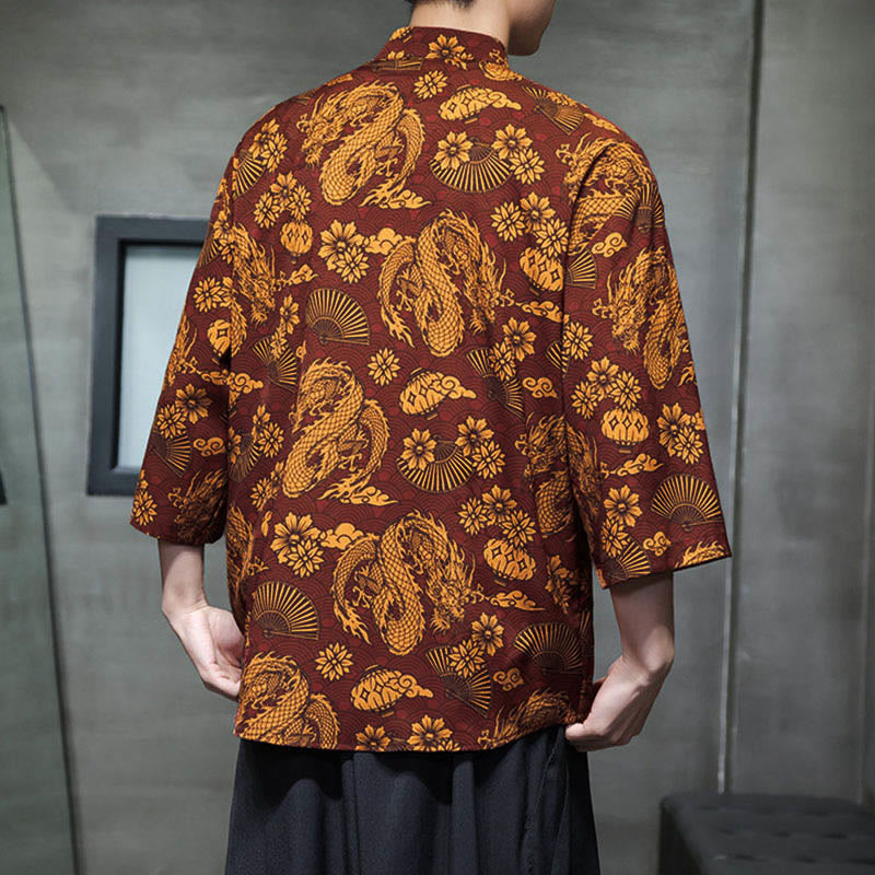 Camisa de hombre Tang Suit con mangas tres cuartos, bolsillos, con estampado de Buddha Stones, primavera, rana, botón, dragón, montaña y flor. - image 4