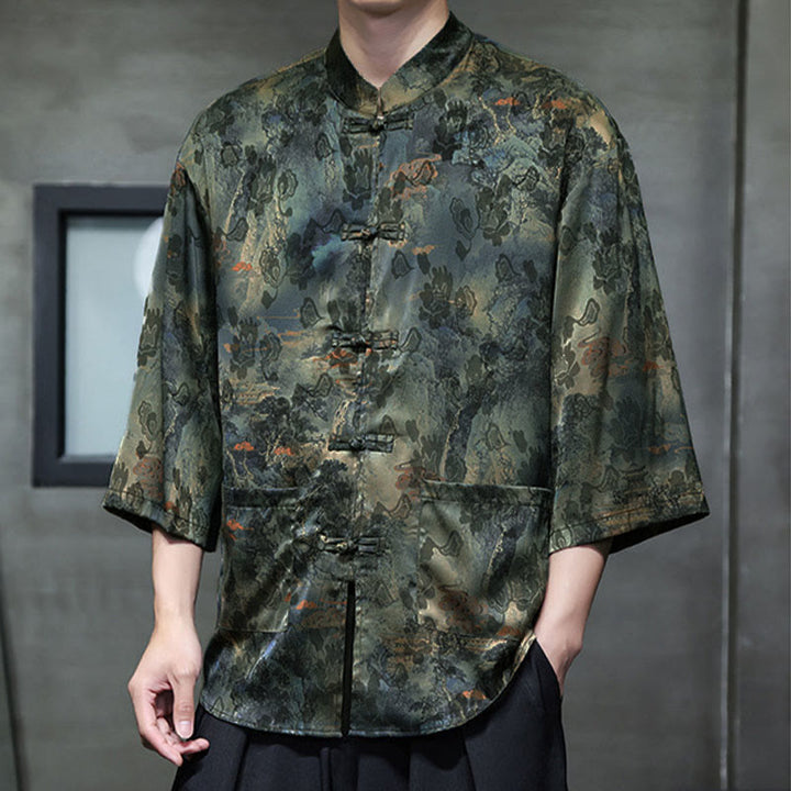 Buddha Stones Camisa de hombre con manga tres cuartos y bolsillos, diseño de rana de primavera, dragón, montaña y flores - image 51