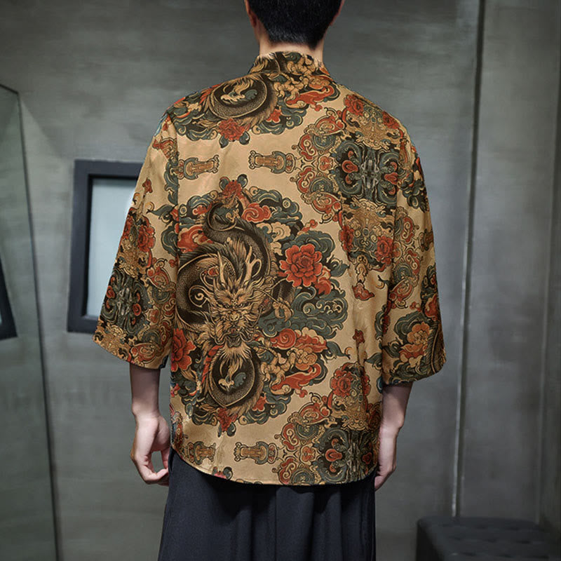 Camisa de hombre Tang Suit con mangas tres cuartos, bolsillos, con estampado de Buddha Stones, primavera, rana, botón, dragón, montaña y flor. - image 13