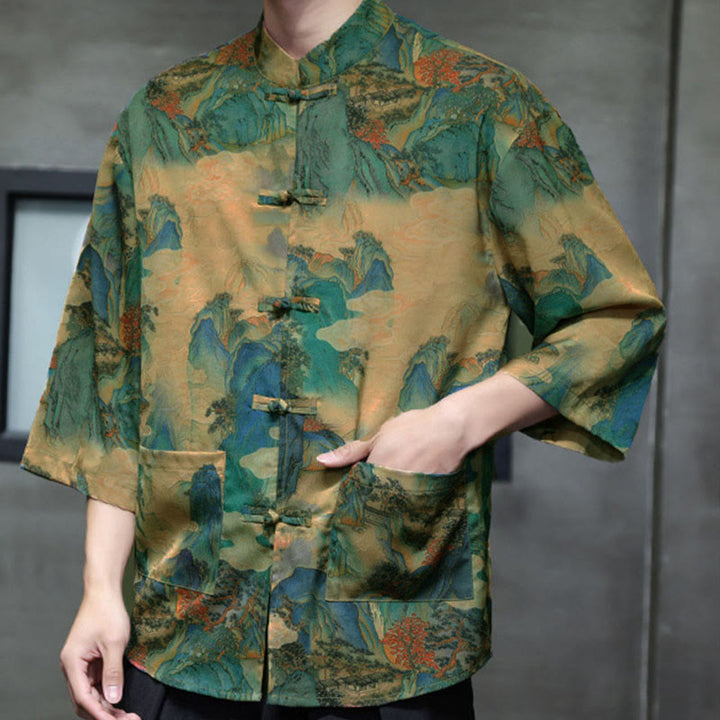 Camisa de hombre Tang Suit con mangas tres cuartos, bolsillos, con estampado de Buddha Stones, primavera, rana, botón, dragón, montaña y flor. - image 44