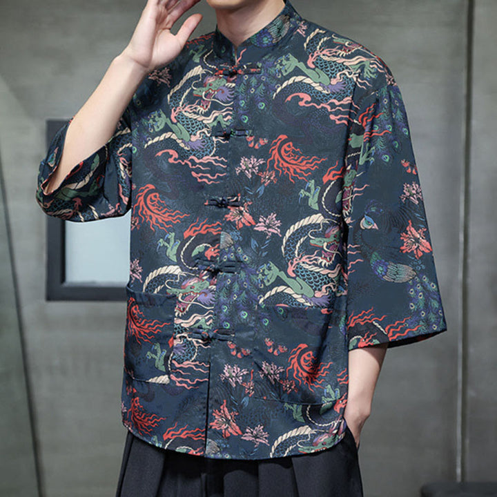 Camisa de hombre Tang Suit con mangas tres cuartos, bolsillos, con estampado de Buddha Stones, primavera, rana, botón, dragón, montaña y flor. - image 27