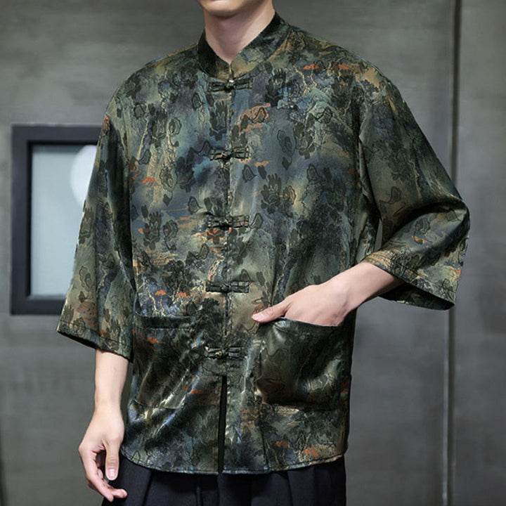 Camisa de hombre Tang Suit con mangas tres cuartos, bolsillos, con estampado de Buddha Stones, primavera, rana, botón, dragón, montaña y flor. - image 54
