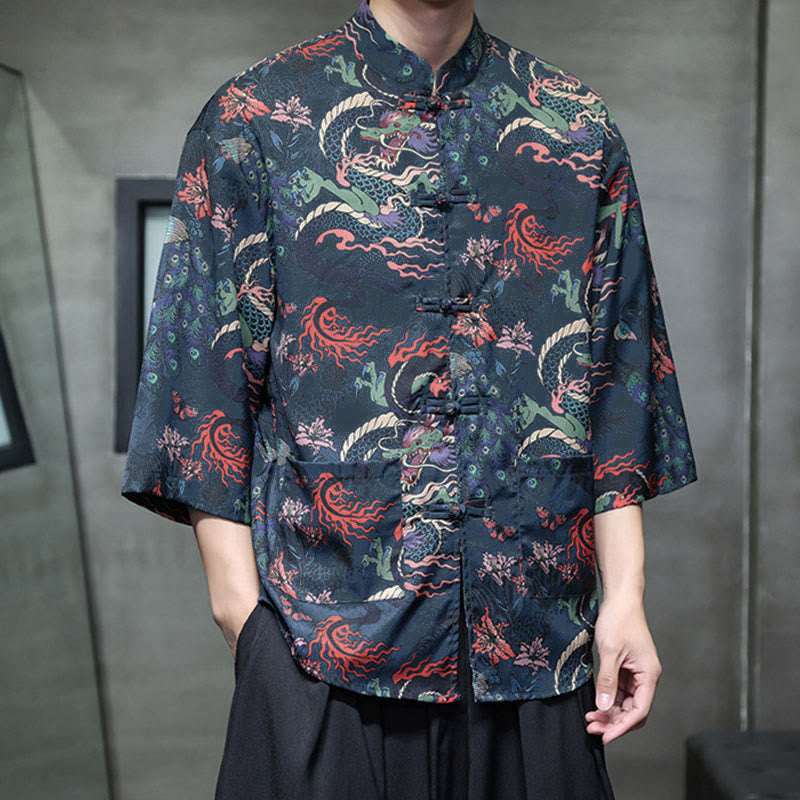 Camisa de hombre Tang Suit con mangas tres cuartos, bolsillos, con estampado de Buddha Stones, primavera, rana, botón, dragón, montaña y flor. - image 28