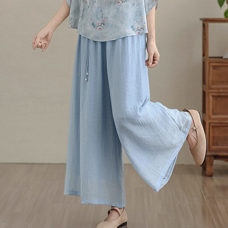 Buddha Stones Pantalones capri de pierna ancha para mujer con cintura elástica y color liso - image 17