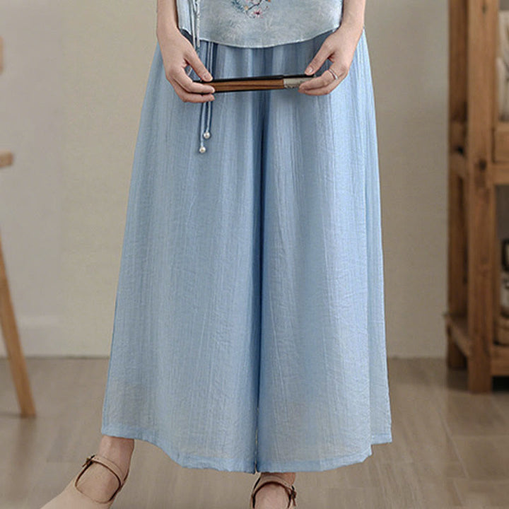 Buddha Stones Pantalones capri de pierna ancha para mujer con cintura elástica y color liso - image 14