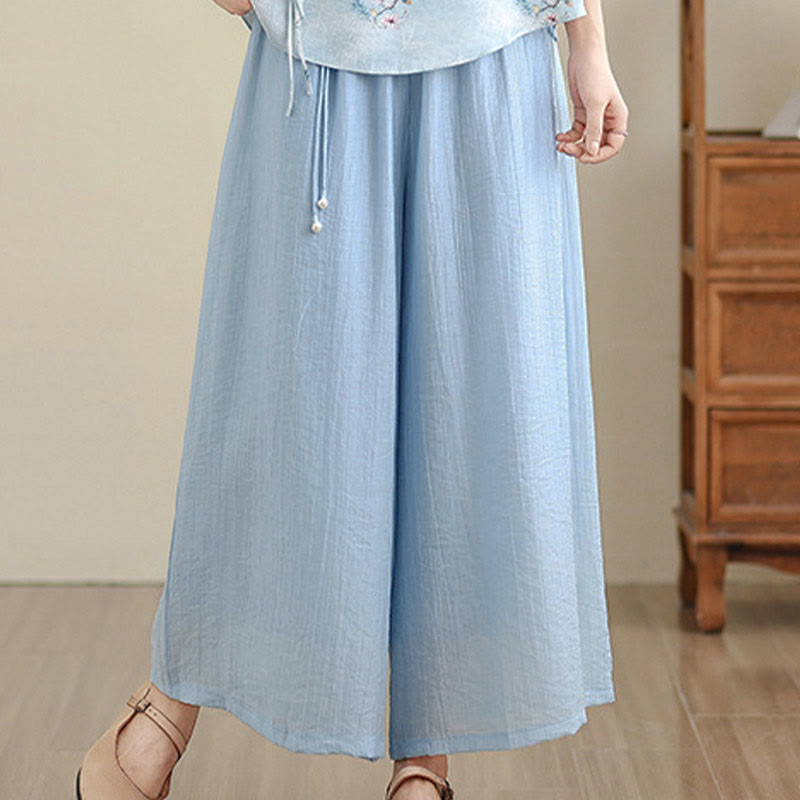 Buddha Stones Pantalones capri de pierna ancha para mujer con cintura elástica y color liso - image 16