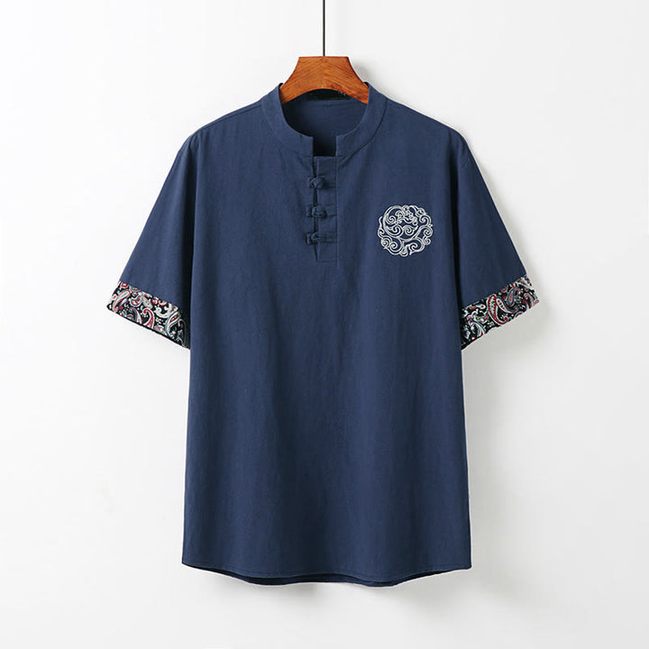 Buddha Stones Camisa de lino y algodón de manga corta para hombre con diseño bordado de nubes auspiciosas y botones de rana de verano - Azul acero - US/UK/AU54, EU64 (9XL) - image 11