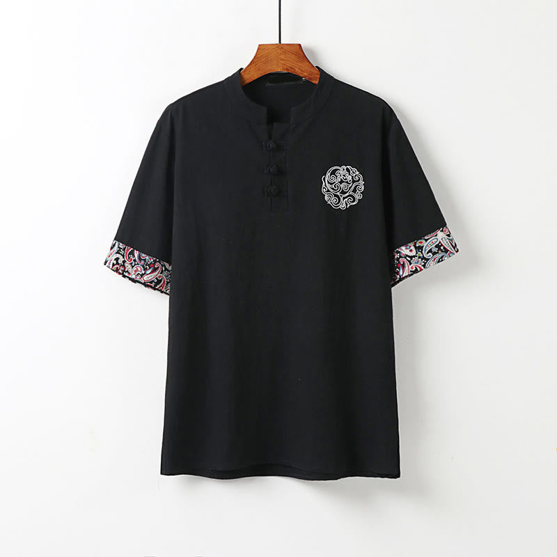 Buddha Stones Camisa de lino y algodón de manga corta para hombre con diseño bordado de nubes auspiciosas y botones de rana de verano - Negro - US/UK/AU54, EU64 (9XL) - image 10
