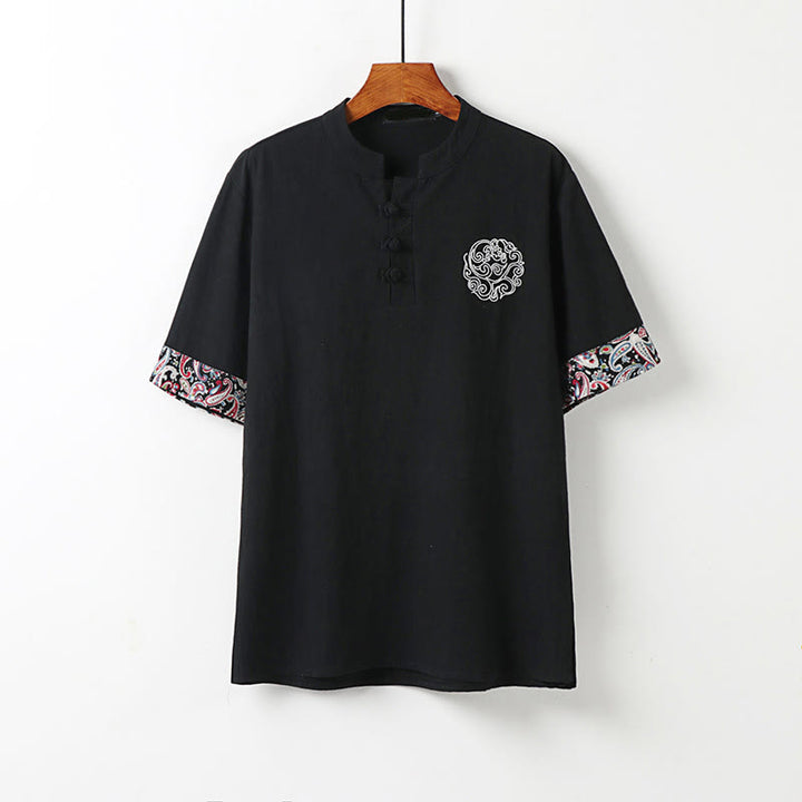 Buddha Stones Camisa de lino y algodón de manga corta para hombre con diseño bordado de nubes auspiciosas y botones de rana de verano - Negro - US/UK/AU54, EU64 (9XL) - image 10