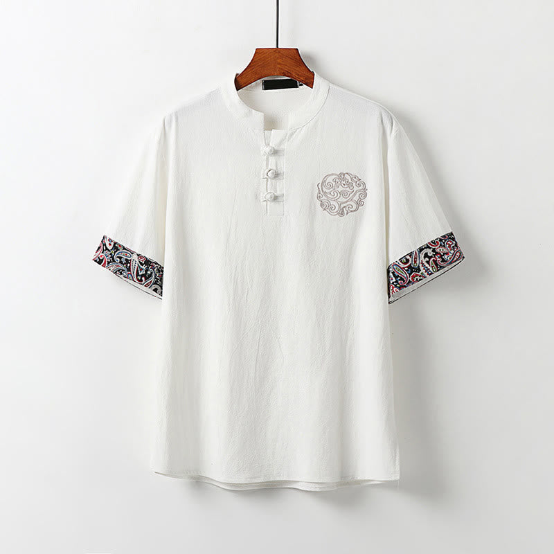 Buddha Stones Camisa de lino y algodón de manga corta para hombre con diseño bordado de nubes auspiciosas y botones de rana de verano - Blanco - US/UK/AU54, EU64 (9XL) - image 0