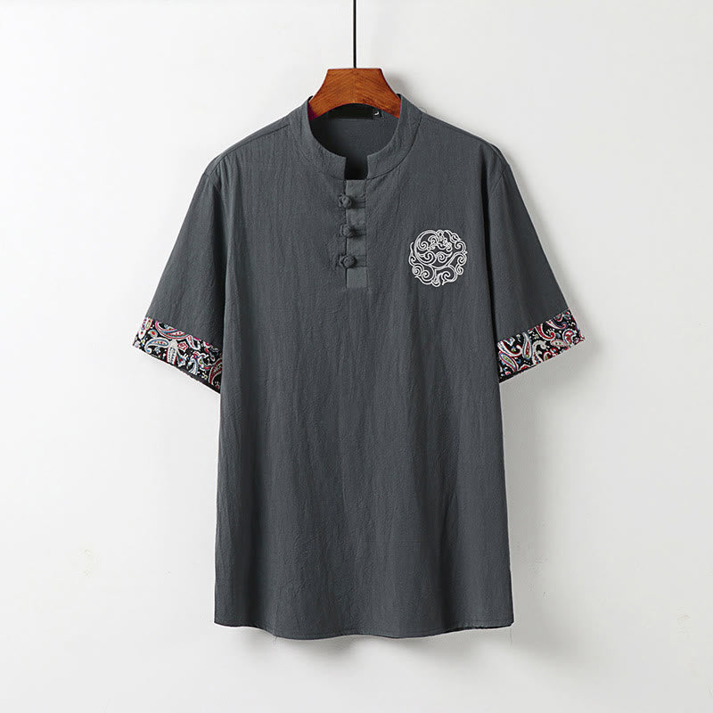 Buddha Stones Camisa de lino y algodón de manga corta para hombre con diseño bordado de nubes auspiciosas y botones de rana de verano - Gris - US/UK/AU54, EU64 (9XL) - image 9