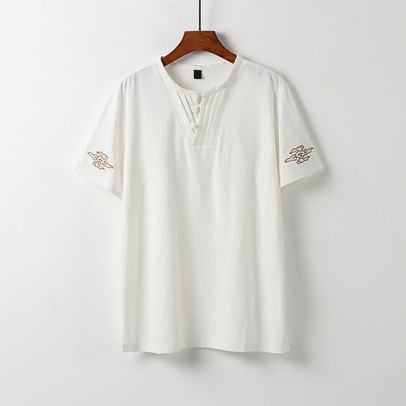 Buddha Stones Camisa de verano para hombre de lino y algodón con cuello en V, botones de rana y manga corta con bordado de nubes - Blanco - US/UK/AU54, EU64 (9XL) - image 1