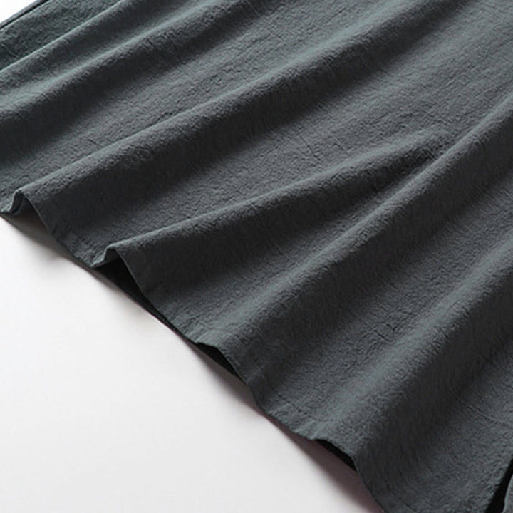 Buddha Stones Camisa de verano para hombre de lino y algodón con cuello en V, botones de rana y manga corta con bordado de nubes - image 7