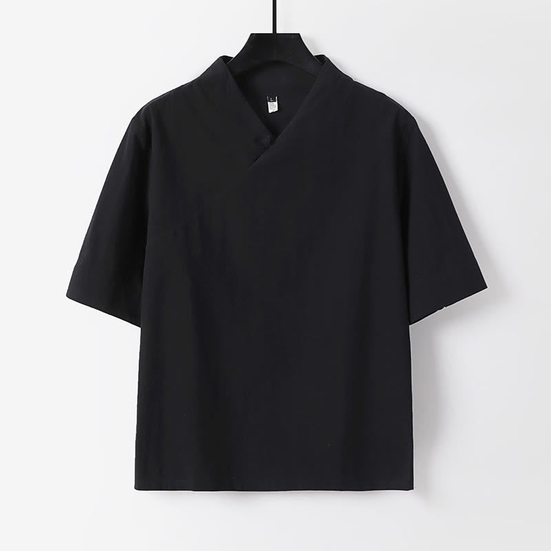 Buddha Stones Camisa de lino y algodón de manga corta con cuello en V para hombre de verano - Negro - US/UK/AU54, EU64 (9XL) - image 1