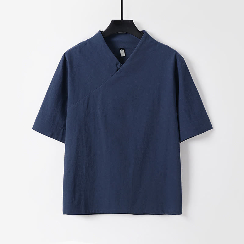 Buddha Stones Camisa de lino y algodón de manga corta con cuello en V para hombre de verano - Azul acero - US/UK/AU54, EU64 (9XL) - image 2