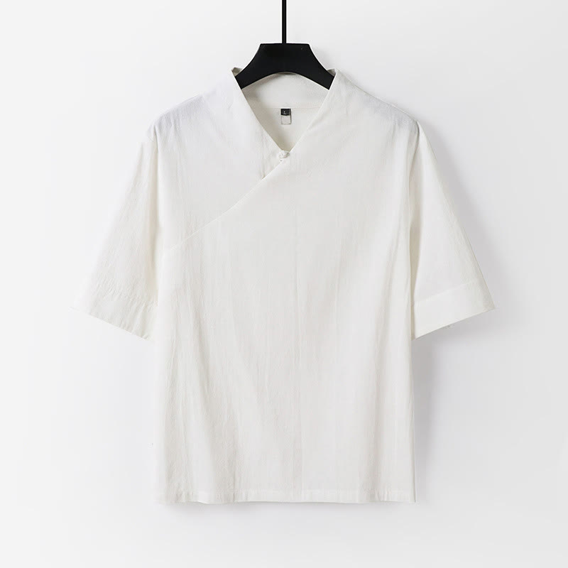Buddha Stones Camisa de lino y algodón de manga corta con cuello en V para hombre de verano - Blanco - US/UK/AU54, EU64 (9XL) - image 11