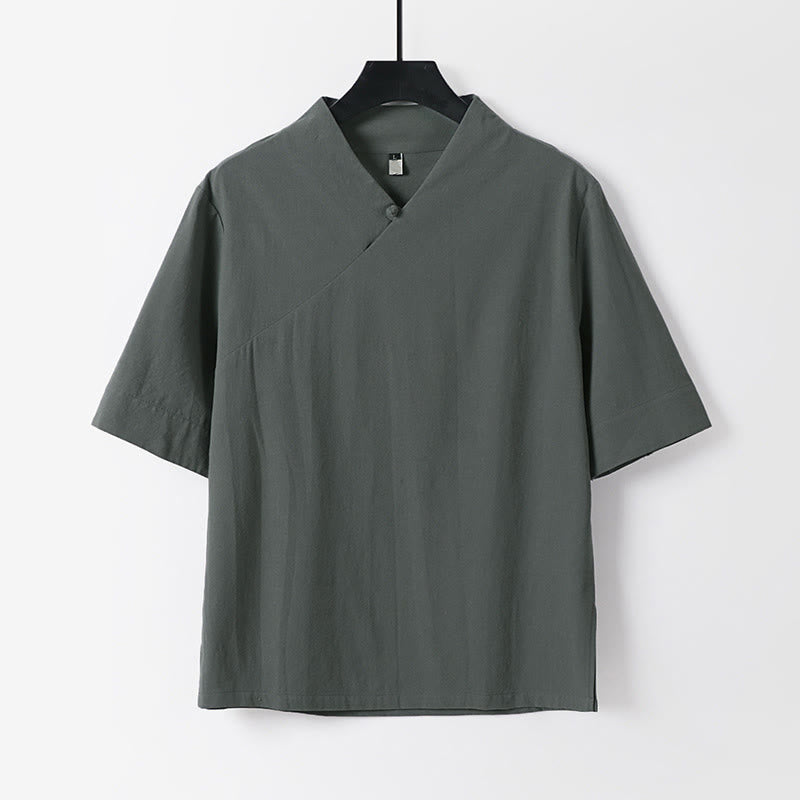 Buddha Stones Camisa de lino y algodón de manga corta con cuello en V para hombre de verano - Gris - US/UK/AU54, EU64 (9XL) - image 0