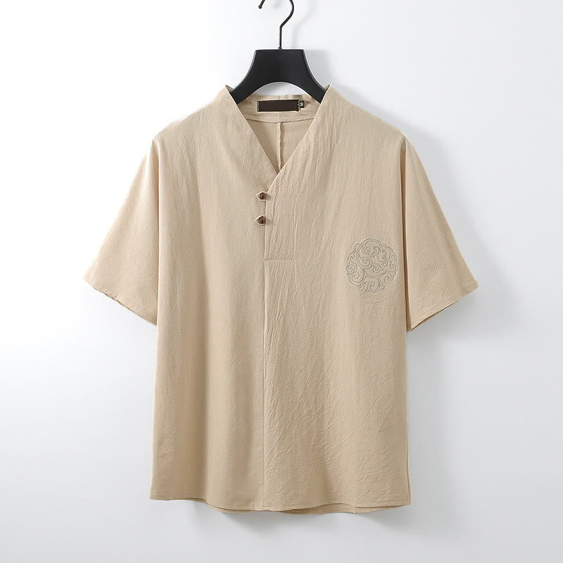 Buddha Stones Camisa de lino y algodón con cuello en V, manga corta, botones y bordado de nubes para hombre - Sopa de mariscos - US./ UK/ 56, UE 66 (9XL) - image 0