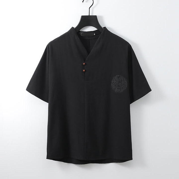 Buddha Stones Camisa de lino y algodón con cuello en V, manga corta, botones y bordado de nubes para hombre - Negro - US./ UK/ 56, UE 66 (9XL) - image 2