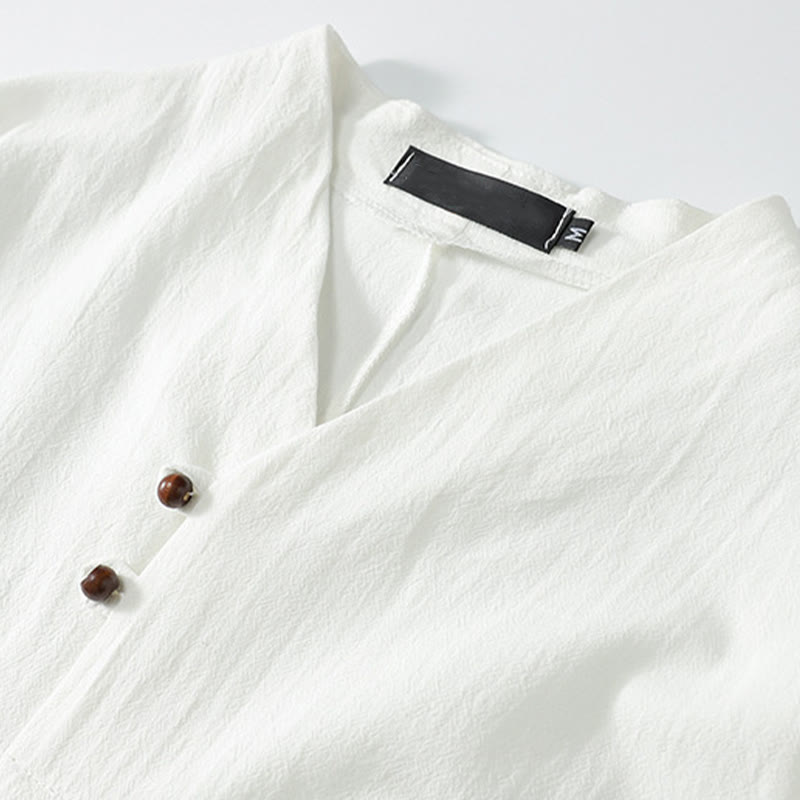 Buddha Stones Camisa de lino y algodón con cuello en V, manga corta, botones y bordado de nubes para hombre - image 6