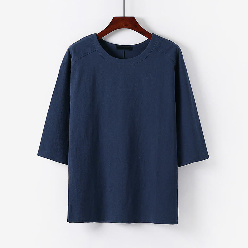 Buddha Stones Camiseta informal de verano de algodón y lino con cuello redondo y media manga para hombre - Azul acero - US/UK/AU54, EU64 (9XL) - image 8