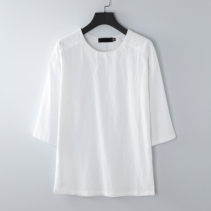 Buddha Stones Camiseta informal de verano de algodón y lino con cuello redondo y media manga para hombre - Blanco - US/UK/AU54, EU64 (9XL) - image 9