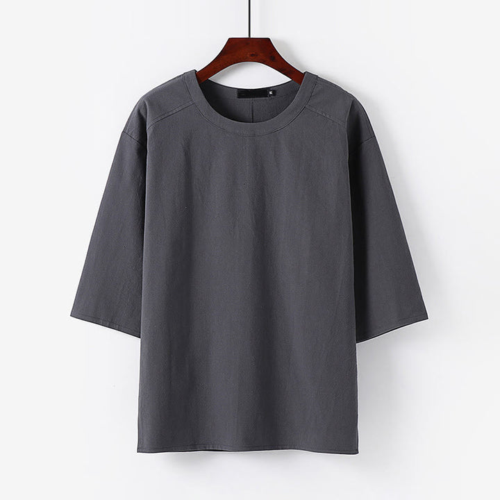 Buddha Stones Camiseta informal de verano de algodón y lino con cuello redondo y media manga para hombre - Gris - US/UK/AU54, EU64 (9XL) - image 6