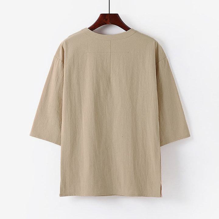 Buddha Stones Camiseta informal de verano de algodón y lino con cuello redondo y media manga para hombre - image 1