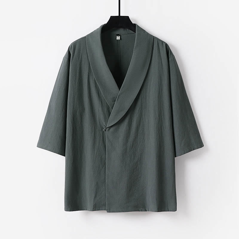 Buddha Stones Camisa de verano para hombre de algodón y lino con cuello en V y solapa de media manga - Gris - US/UK/AU54, EU64 (9XL) - image 0