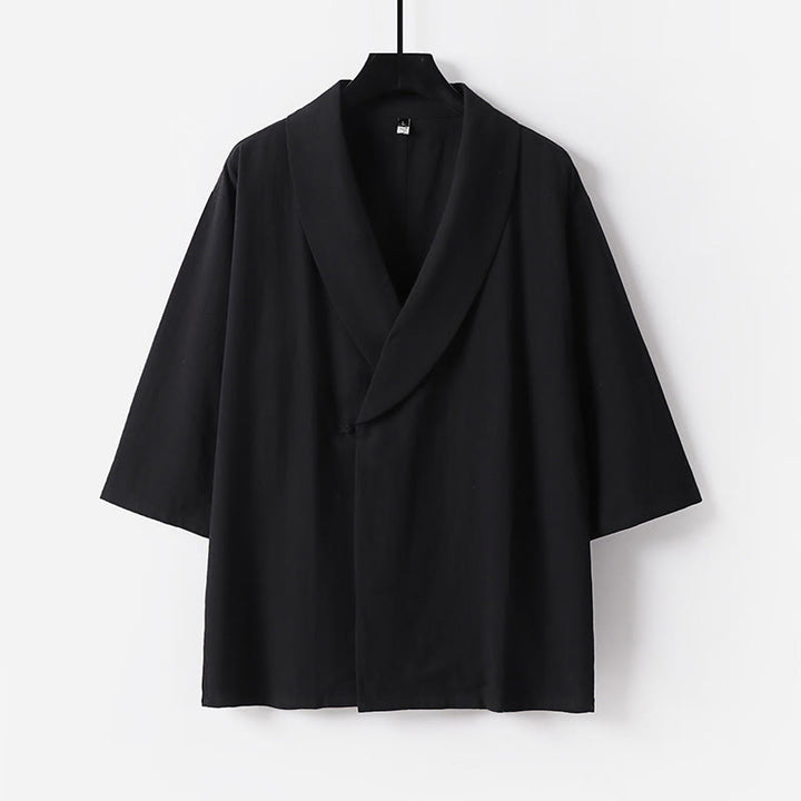 Buddha Stones Camisa de verano para hombre de algodón y lino con cuello en V y solapa de media manga - Negro - US/UK/AU54, EU64 (9XL) - image 8