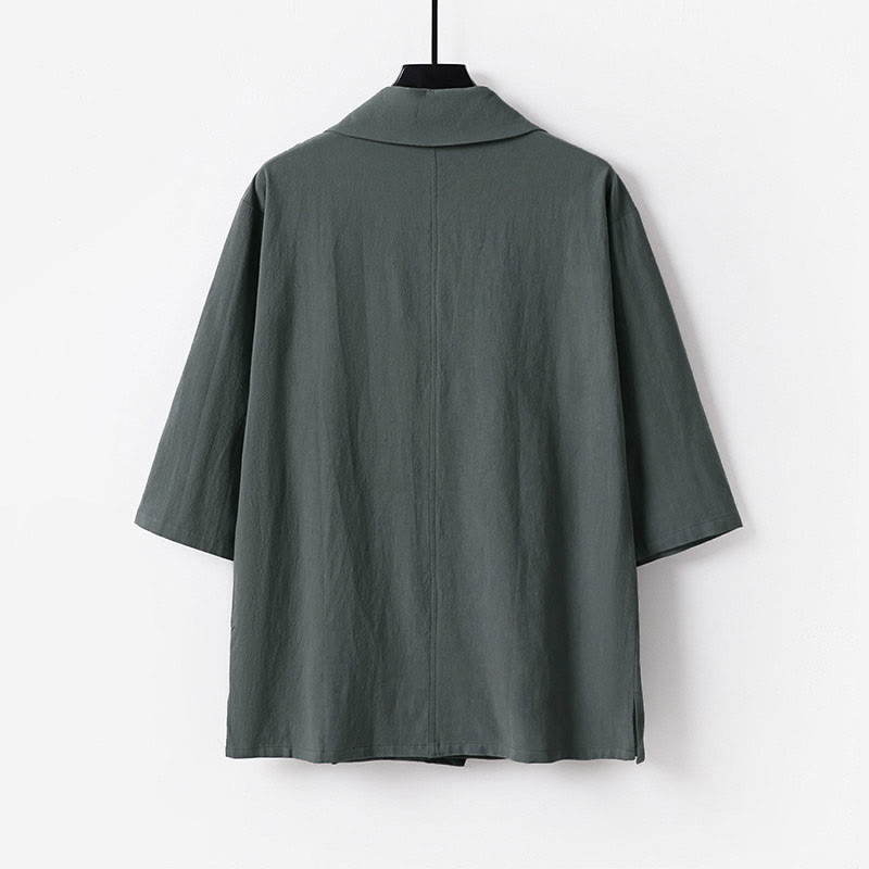 Buddha Stones Camisa de verano para hombre de algodón y lino con cuello en V y solapa de media manga - image 1