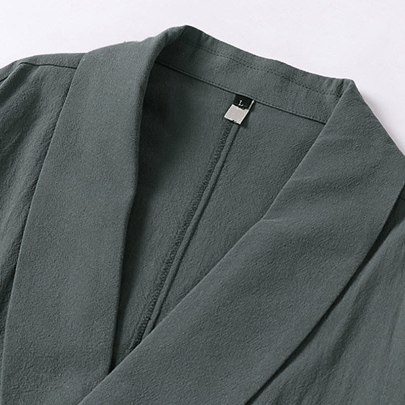 Buddha Stones Camisa de verano para hombre de algodón y lino con cuello en V y solapa de media manga - image 2