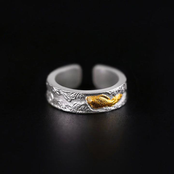 Buddha Stones Anillo de la suerte con nubes auspiciosas de pez koi en plata de ley 999 y oro 999 - image 2
