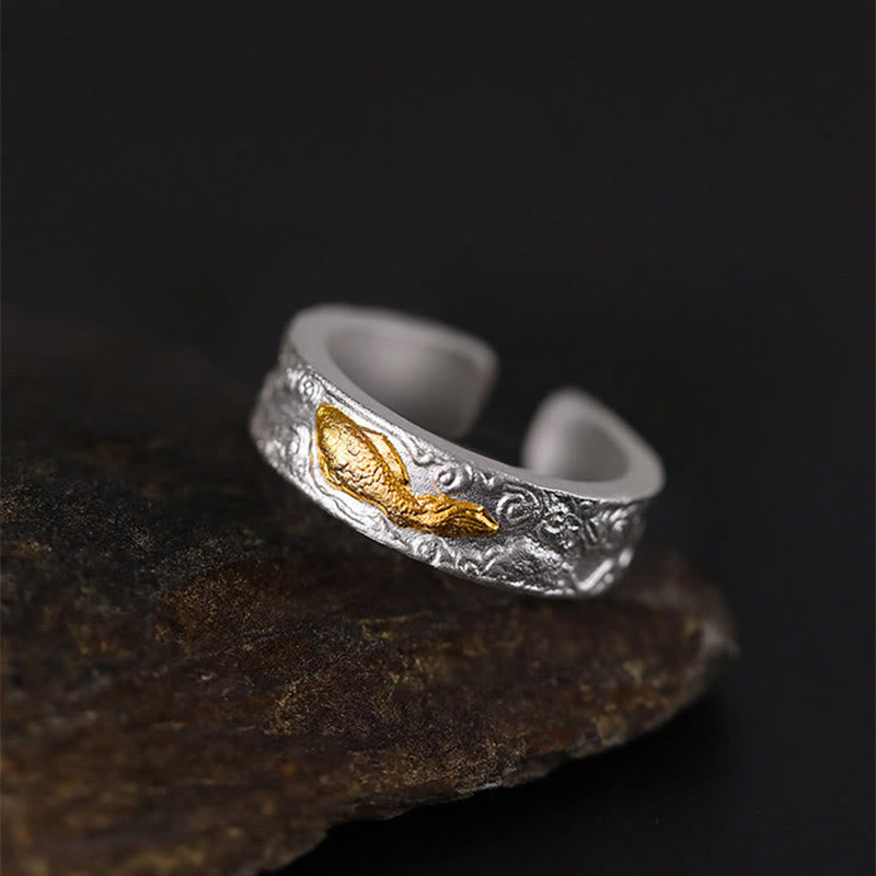 Buddha Stones Anillo de la suerte con nubes auspiciosas de pez koi en plata de ley 999 y oro 999 - image 3